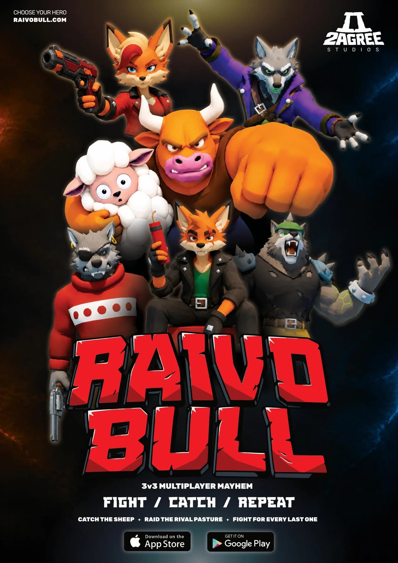 Raivo Bull game poster with its animal characters